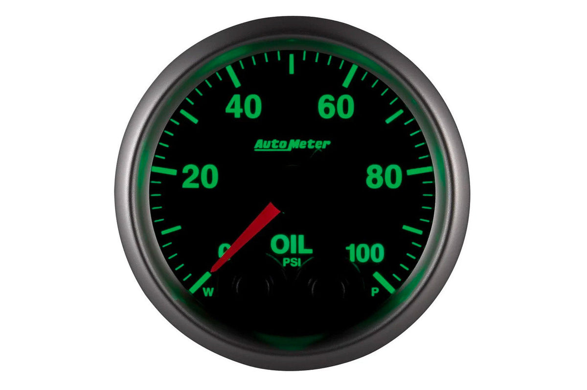 AutoMeter 52mm Elite Digital Stepper Motor 0-100 PSI Oil Pressure Gauge (5652) 7 color options to select. Displaying green illumination.