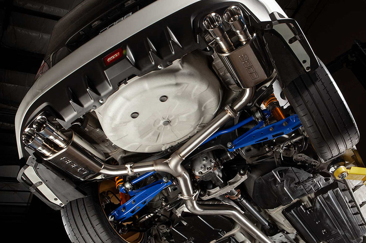 COBB Stainless Steel Cat-Back Exhaust for EJ25 VA 2011-2021 Subaru WRX/STi Sedan (515160) installed on lift