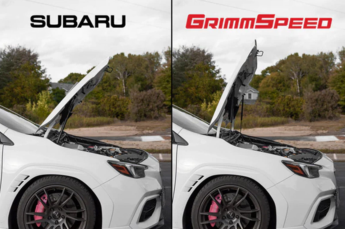 GrimmSpeed High Lift Hood Struts for 2015+ VA/VB Subaru WRX/STi (GRM113072) installed comparing to OEM