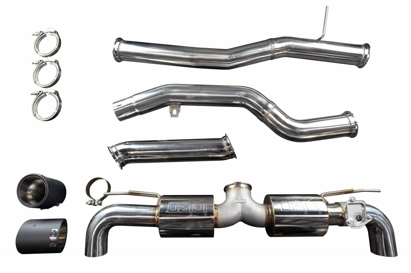 Injen Performance Exhaust System for MKV 2020+ Supra GR (SES2300CF) carbon fiber tips all parts laid out