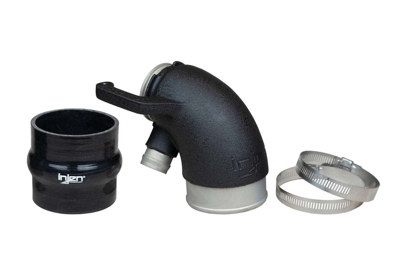Injen SES Turbo Inlet Pipe for 2015-2020 Audi S3 (SES3078TIP) with a wrinkle black finish shown with included silicone coupler and clamps