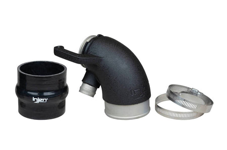 Injen SES Turbo Inlet Pipe for 2015-2020 Audi S3 (SES3078TIP) with a wrinkle black finish shown with included silicone coupler and clamps