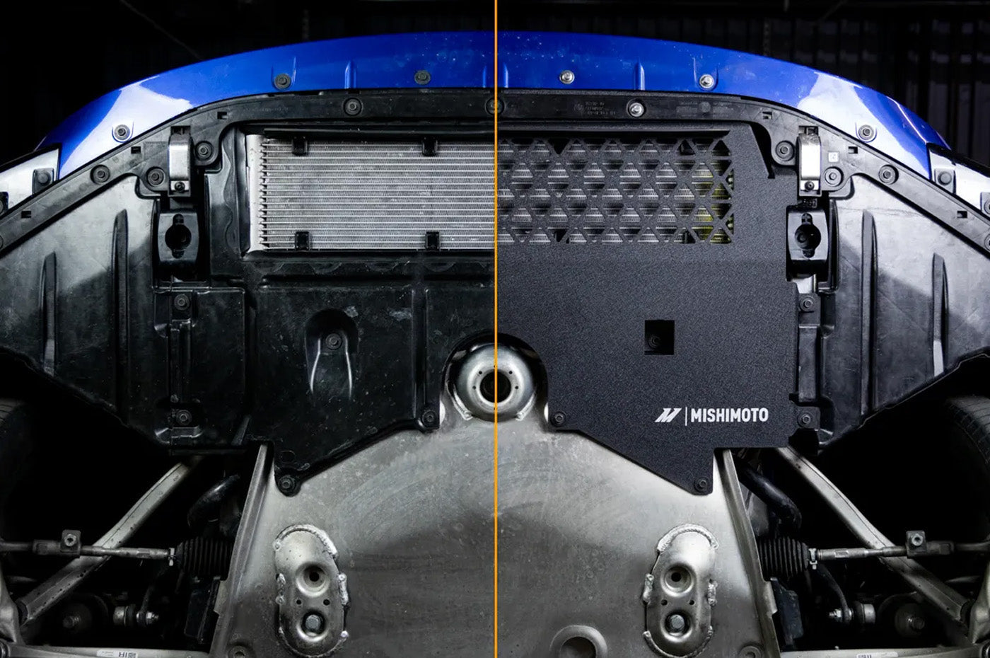Mishimoto Skid Plate for BMW G8X M2/M3/M4 (MMSD-G80-21) installed vs exposed