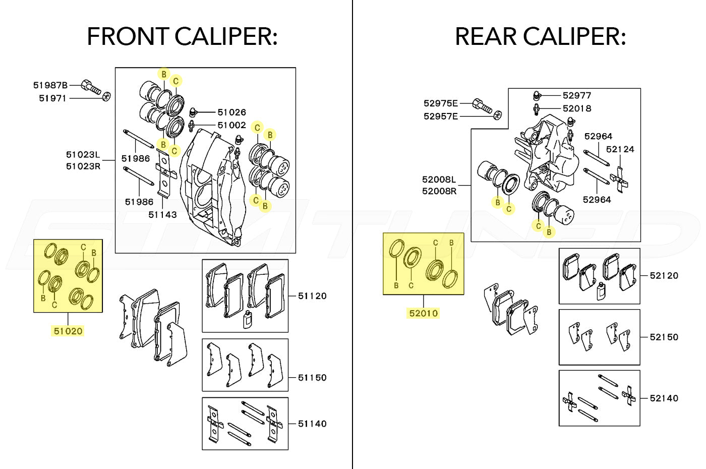 Mitsubishi OEM Brembo Caliper Seals for Evo 5-9 Diagram