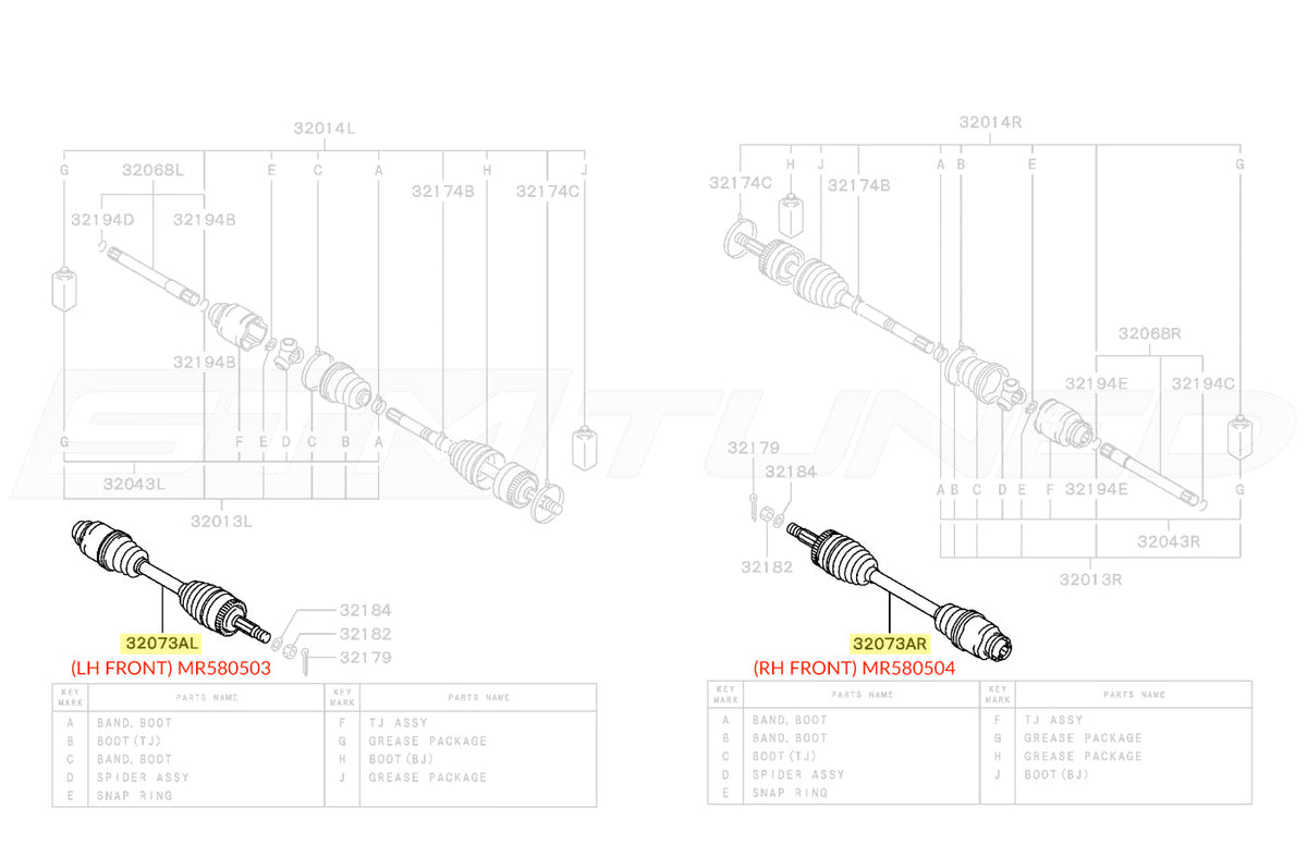 Mitsubishi OEM Front Axle Diagram for Evo 7/8/9