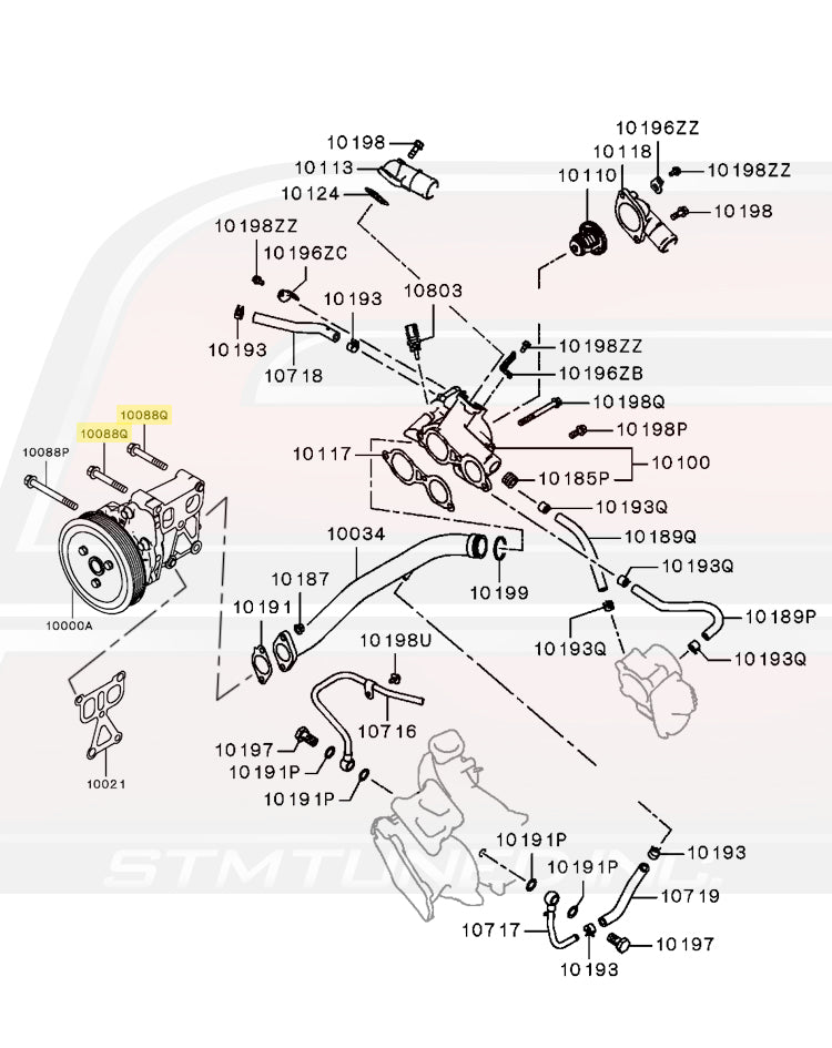 Mitsubishi OEM Water Pump Bolt Diagram 2012-2015 Evo X