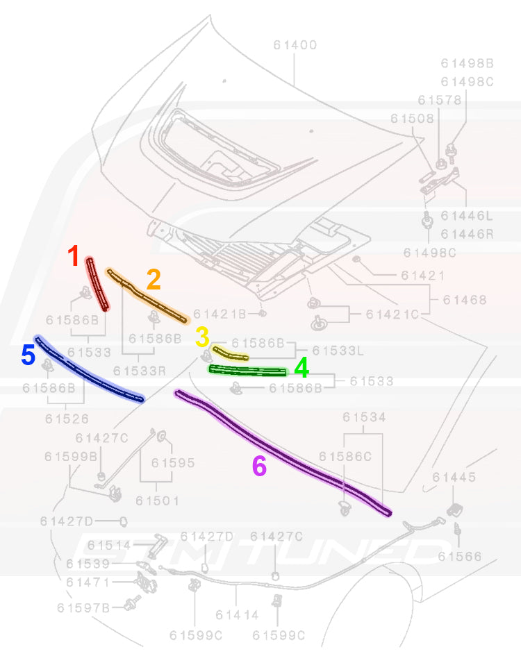 Mitsubishi OEM Hood Weather Stripping for Evo 8/9 Diagram