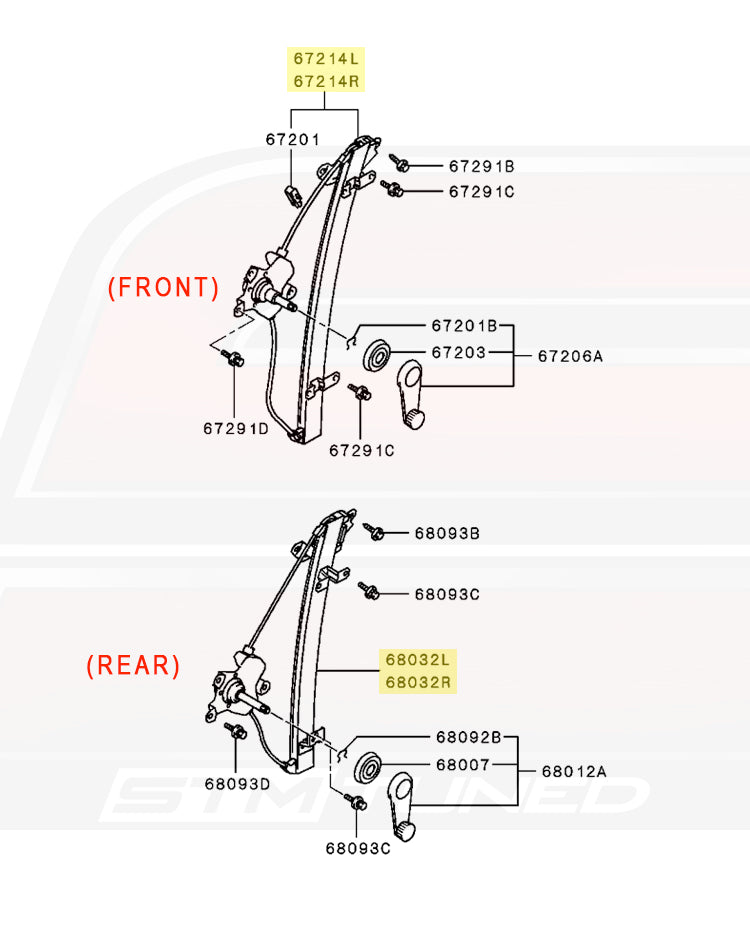 Mitsubishi OEM RS Roll-Up Window Regulator Diagram for Evo 8/9
