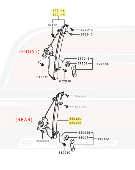 Mitsubishi OEM RS Roll-Up Window Regulator Diagram for Evo 8/9