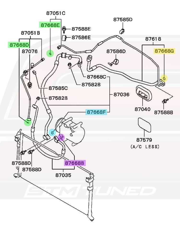 Mitsubishi OEM Air Conditioning Line O-Ring Diagram for Evo 7/8/9
