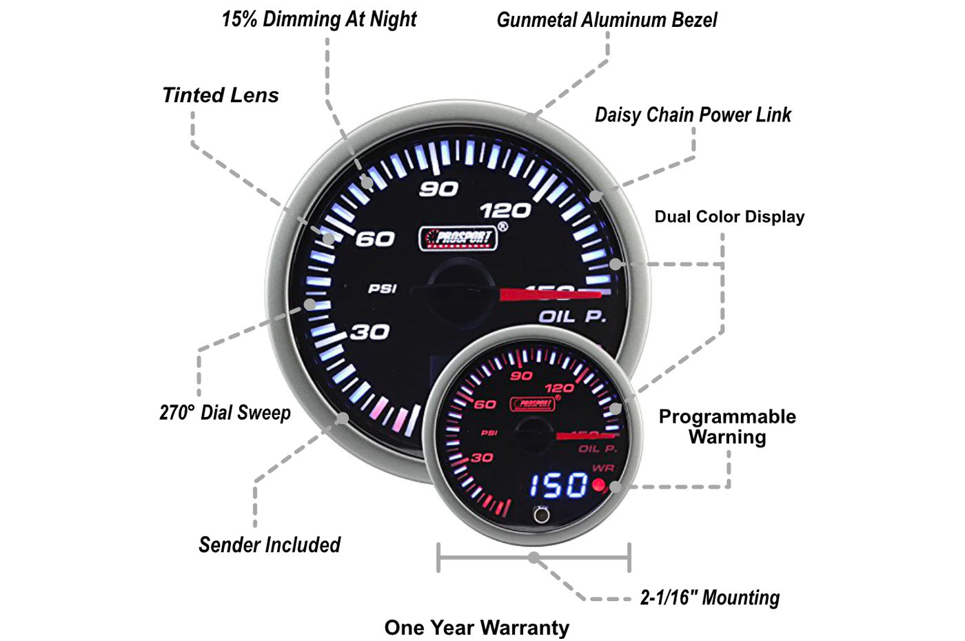 Prosport 52mm JDM Electrical Oil Pressure Gauge 0-150 PSI (216JDMOP-R.PSI) features