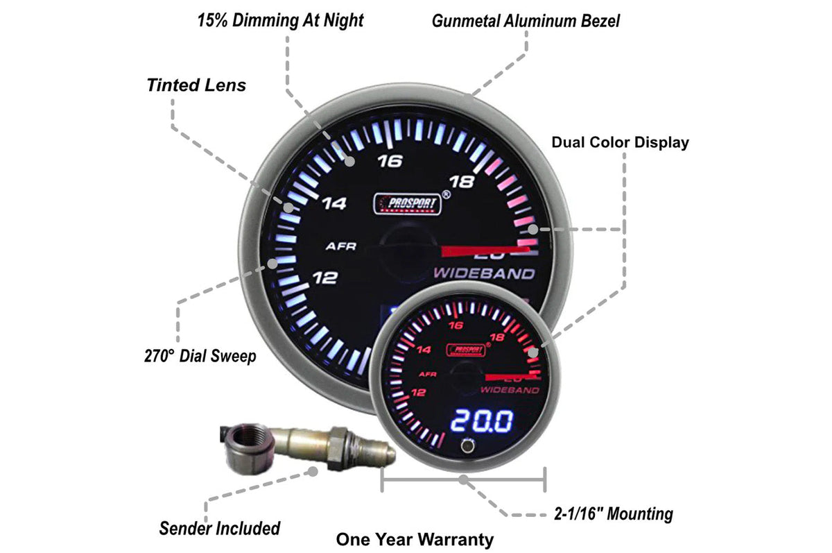 Prosport 52mm JDM Wideband Digital Air Fuel Ratio kit (216JDMAFR4.9-WO) features
