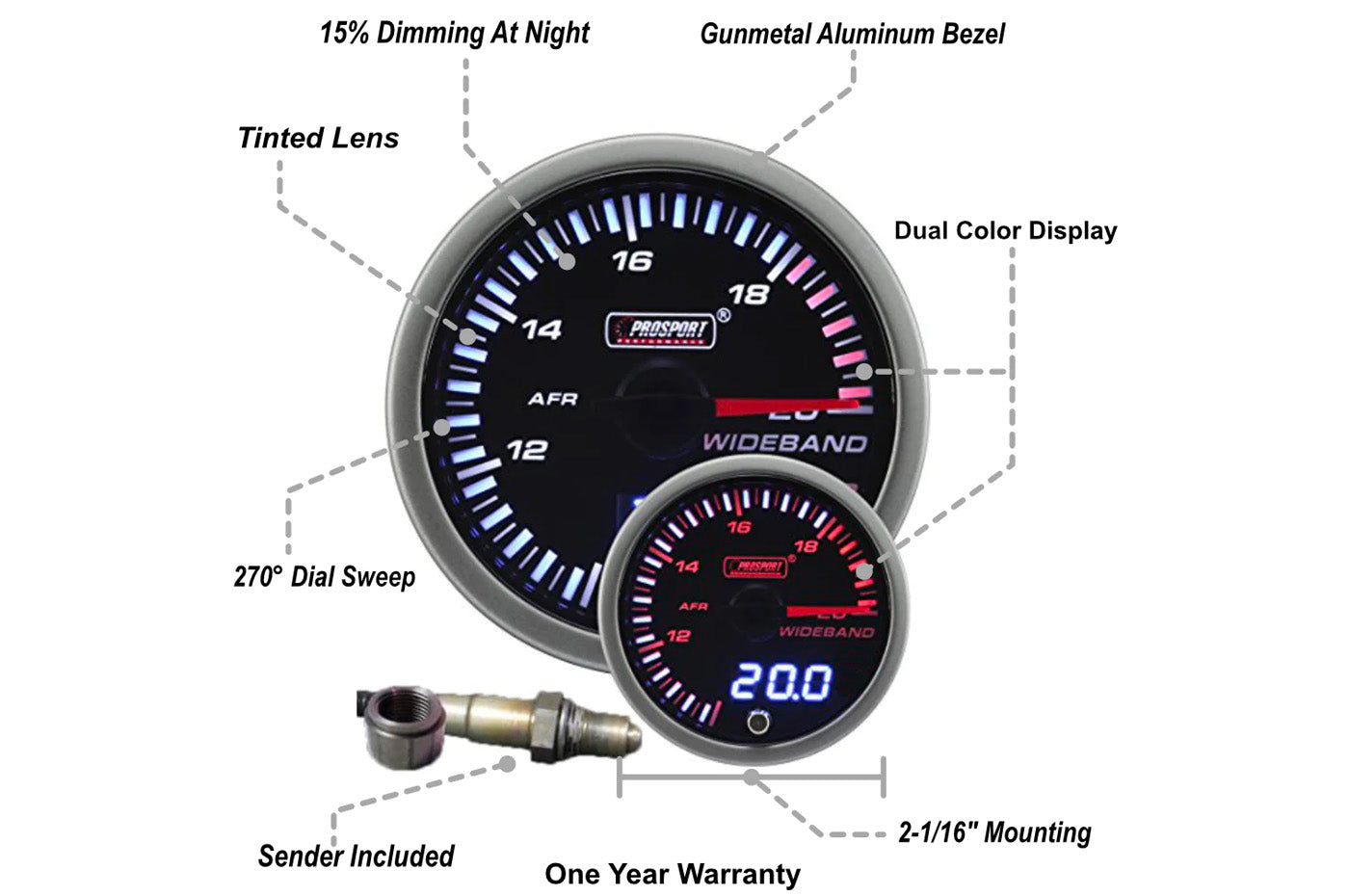Prosport 52mm JDM Wideband Digital Air Fuel Ratio kit (216JDMAFR4.9-WO) features