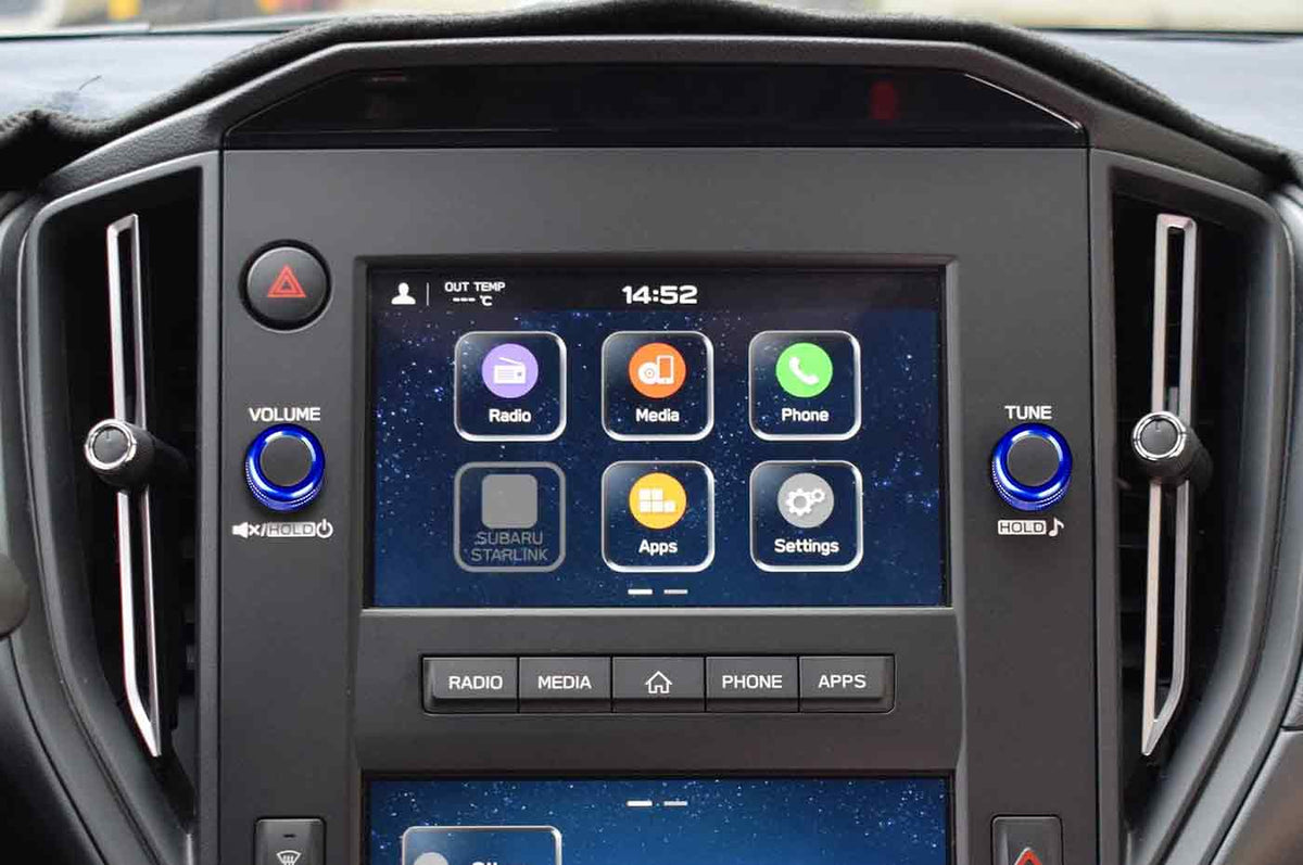 Rexpeed Aluminum Alloy Screen & Mirror Knobs for VB 2022+ Subaru WRX (G161B) blue anodized installed on display screen control knobs