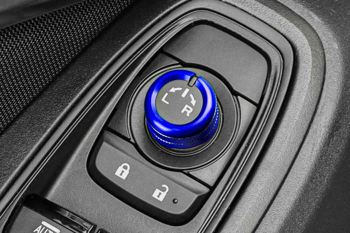 Rexpeed Aluminum Alloy Screen & Mirror Knobs for VB 2022+ Subaru WRX (G161B) blue anodized installed on mirror adjustment control knob
