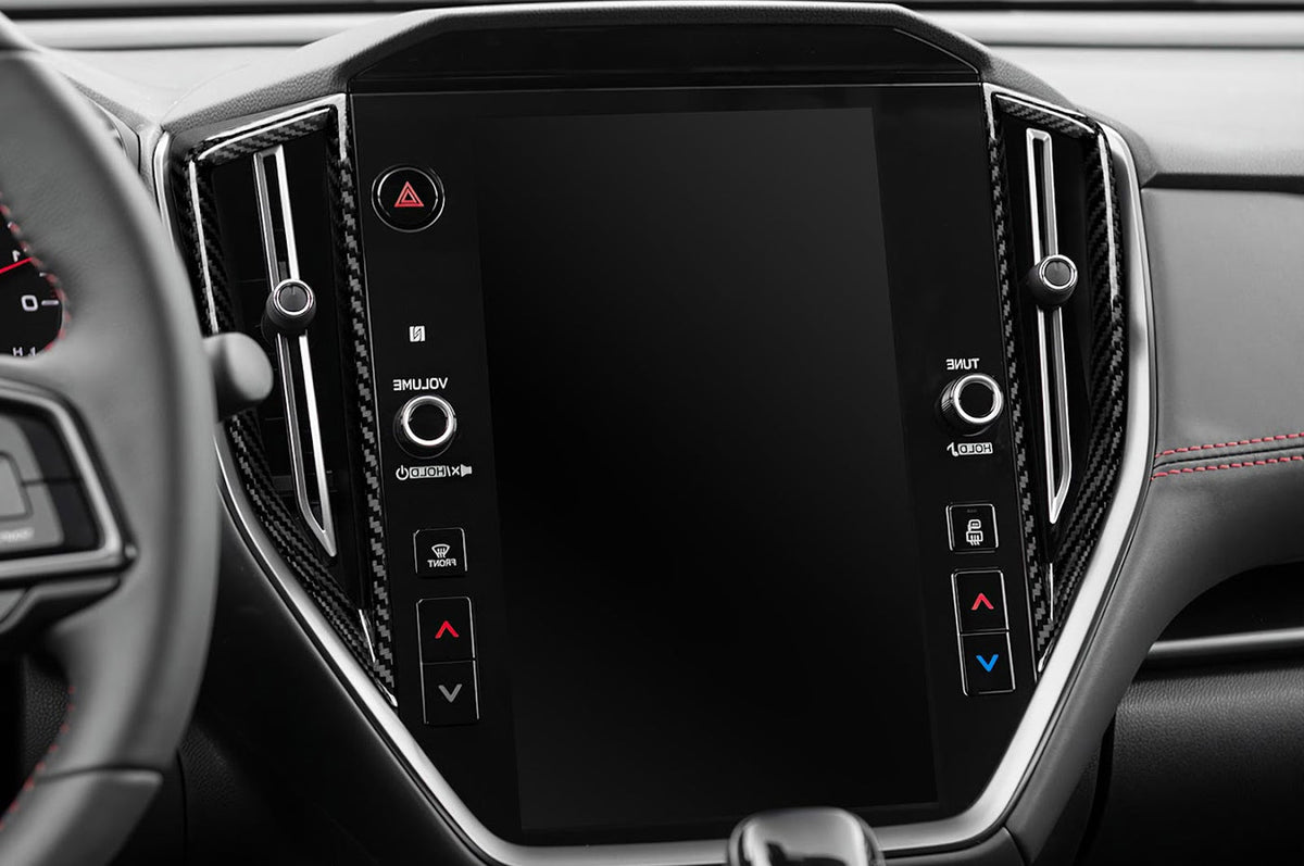 Rexpeed 4 Piece Dry Carbon AC Vent Trim Covers for 2022+ Subaru WRX (G157) installed surrounding Infotainment systme