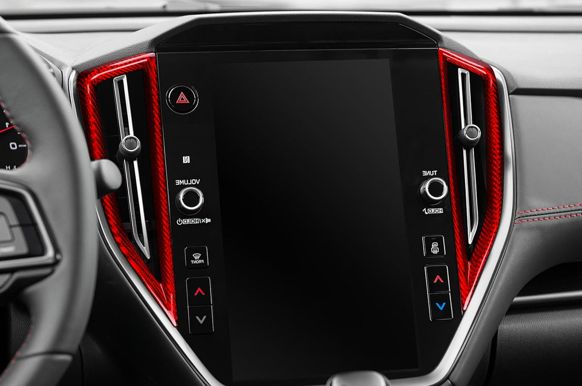 Rexpeed 4 Piece Dry Carbon AC Vent Trim Covers for 2022+ Subaru WRX (G157R) Red carbon fiber installed surrounding Infotainment system