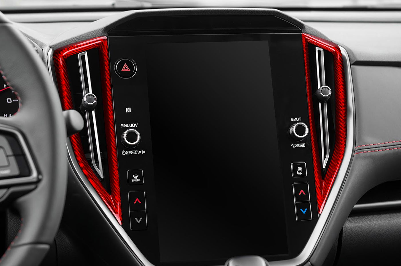 Rexpeed 4 Piece Dry Carbon AC Vent Trim Covers for 2022+ Subaru WRX (G157R) Red carbon fiber installed surrounding Infotainment system