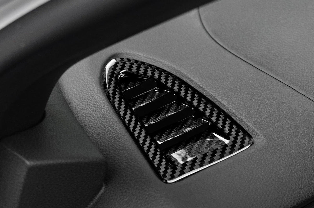 Rexpeed Dry Carbon Defroster Vent Covers for VB 2022+ Subaru WRX (G156) in black carbon fiber installed on WRX