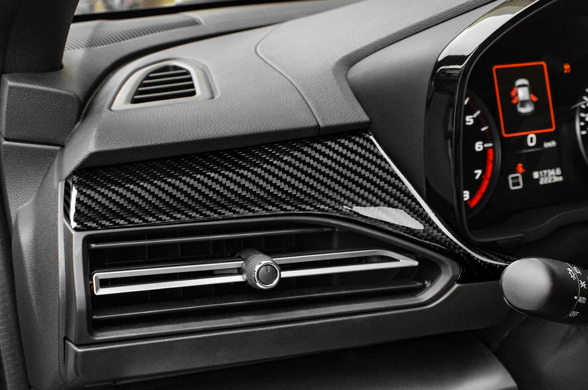 Rexpeed Dry Carbon Fiber Driver Side Dash Cover for VB 2022+ Subaru WRX (G158). Installed on WRX above drivers side vent and to the left of the dash