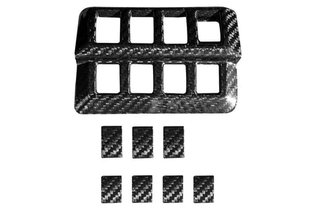 2022+ WRX Rexpeed carbon fiber left switch button panel surround trim and carbon fiber blank button covers. Retains an open space for the display brightness dimmer scroll, tailgate/ trunk switch, and traction control switch. Includes 3M tape for easy installation (G98) 