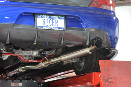 STM Titanium CatBack Exhaust Installed on a 2005 Electric Blue Evo 8 with JDM 9 Rear Bumper