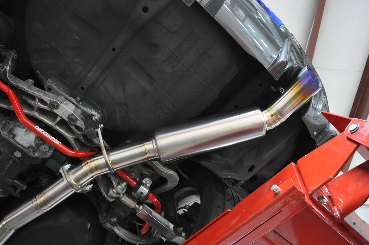 STM Titanium CatBack Exhaust Installed on a 2005 Electric Blue Evo 8 with JDM 9 Rear Bumper