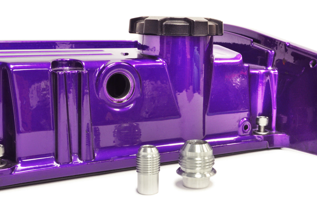 STM Valve Cover Fittings on Evo 8 Purple Valve Cover