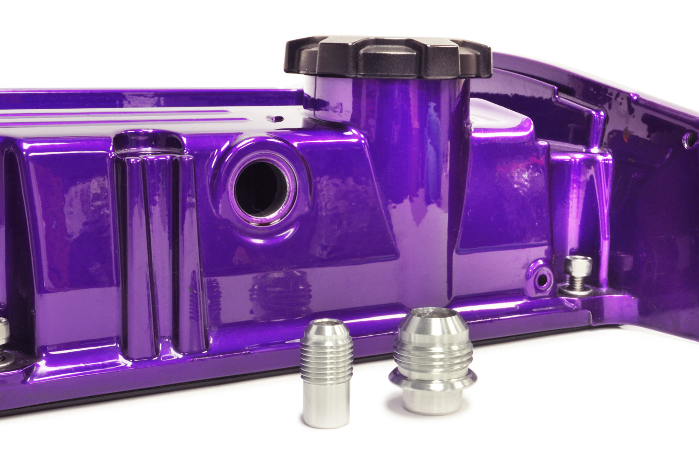STM Valve Cover Fittings on Evo 8 Purple Valve Cover