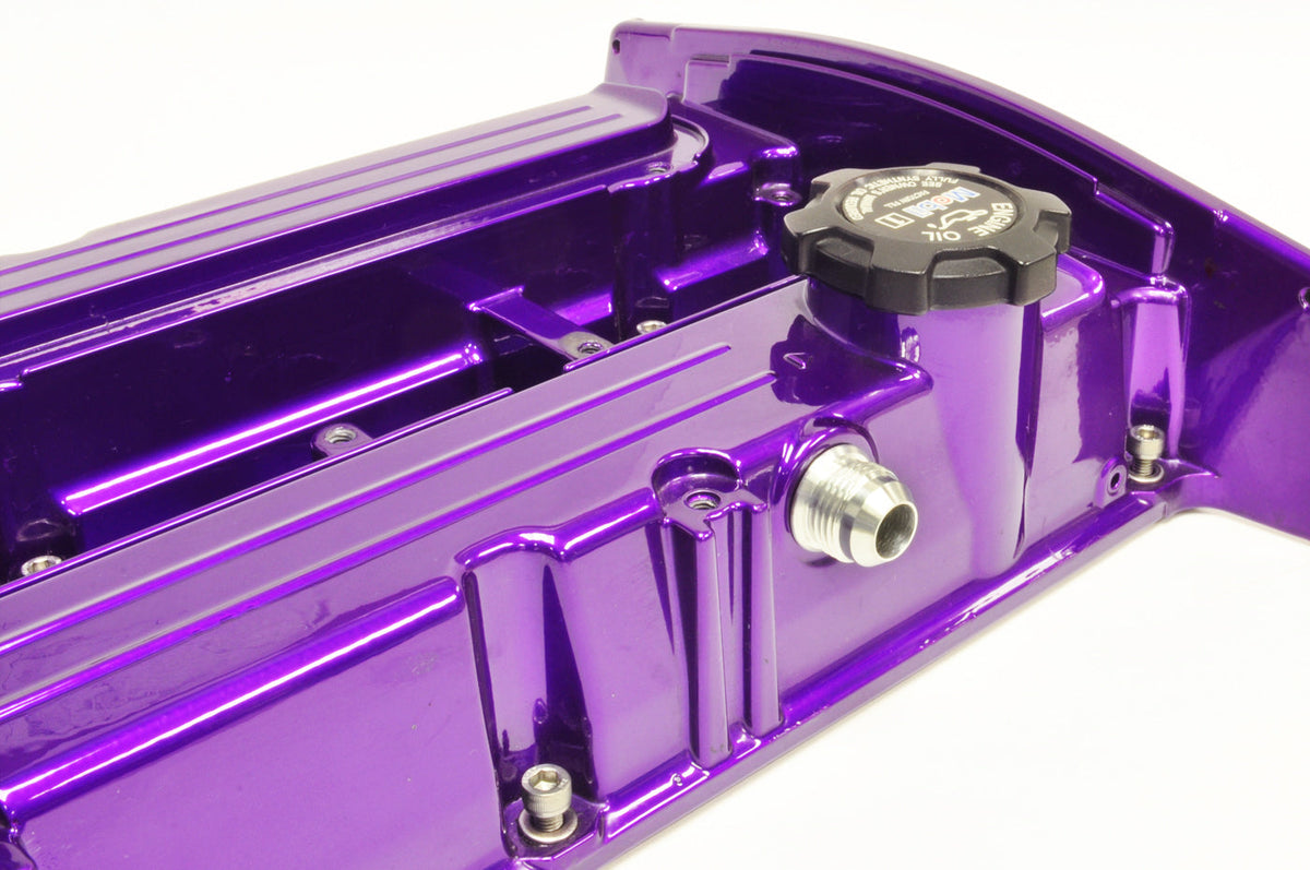 STM Valve Cover Fittings on Evo 8 Purple Valve Cover