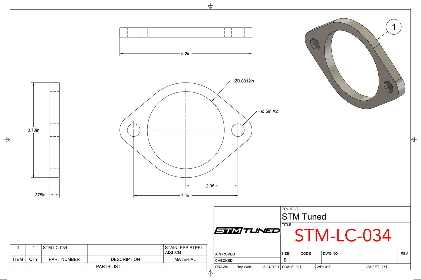 STM Stainless Steel Exhaust Flange 2-Bolt / 3-Inch (SEF3)