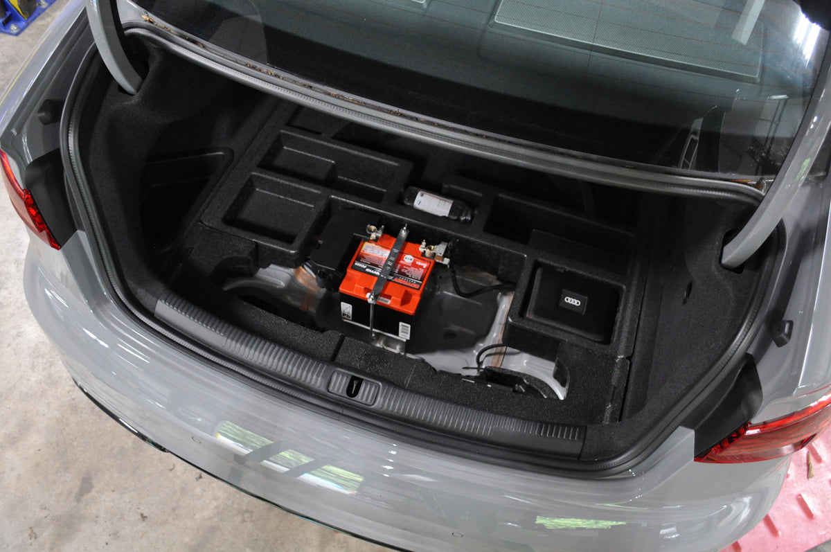 Audi RS3 STM Battery Kit Installed in Trunk
