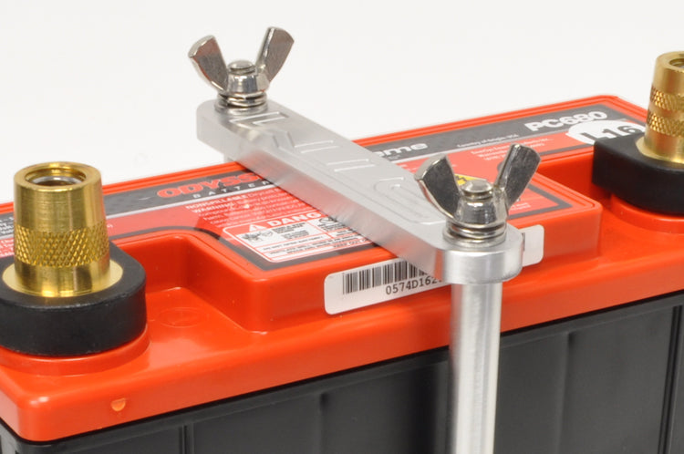 Small Battery Tie Down Brushed Aluminum Installed