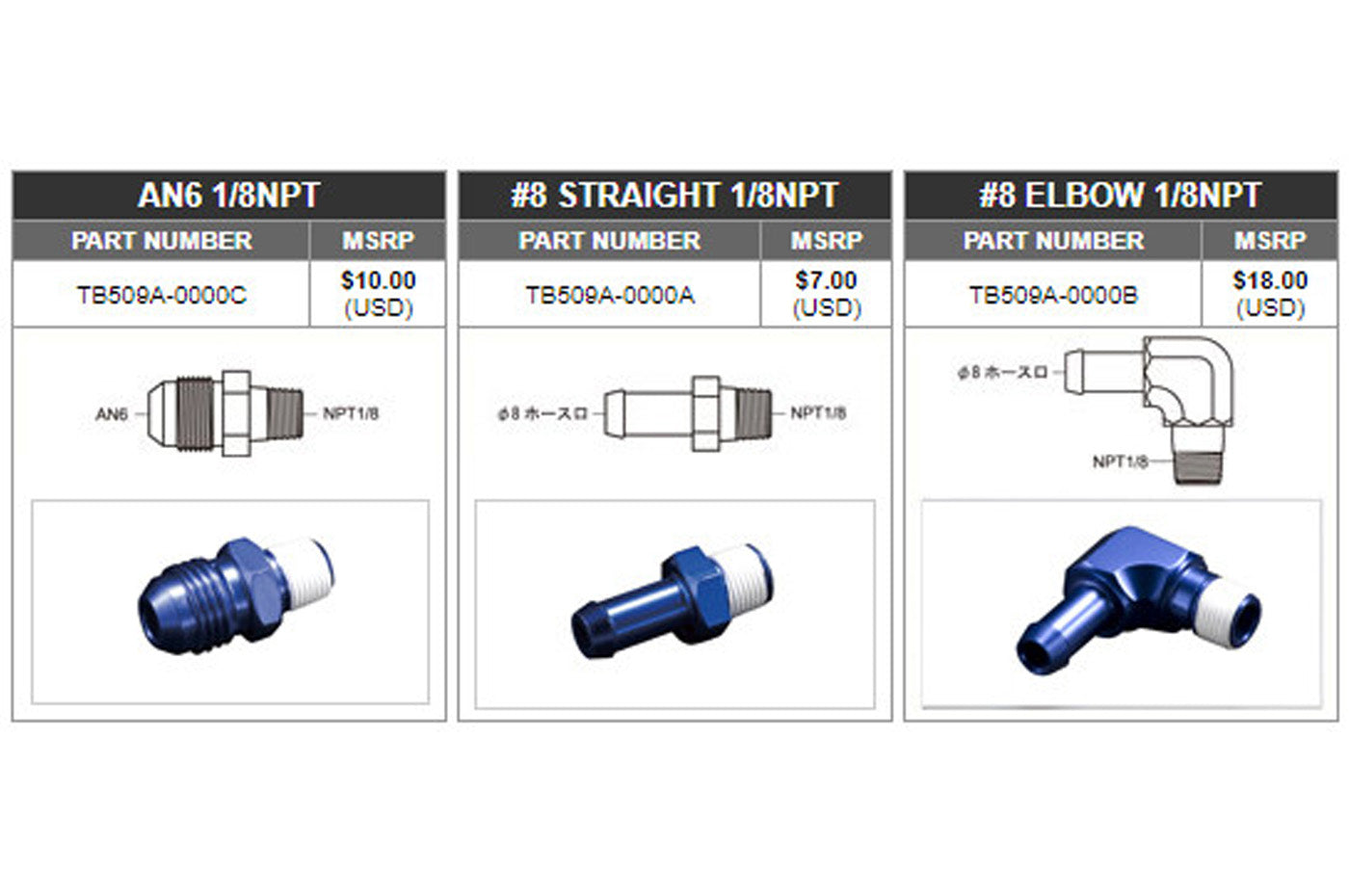 Tomei Fuel Fitting 1/8NPT for AN6 or Hose Nipple options