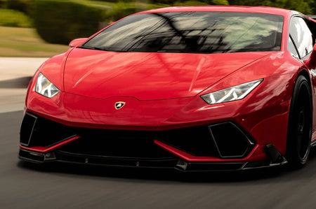 Vorsteiner Lamborghini Huracan Mondiale Edizione Carbon Aero Air Intake Bezels (0840LOV) installed on red Lamborghini Huracan LP610
