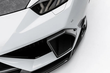 Vorsteiner Lamborghini Huracan Mondiale Edizione Carbon Aero Air Intake Bezels (0840LOV) installed on white Lamborghini Huracan LP610