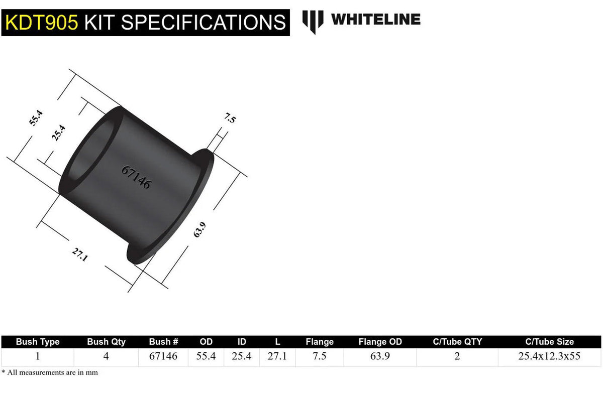 Whiteline Rear Differential Mounting Bushing for 2022+ VB Subaru WRX (KDT905) dimensions