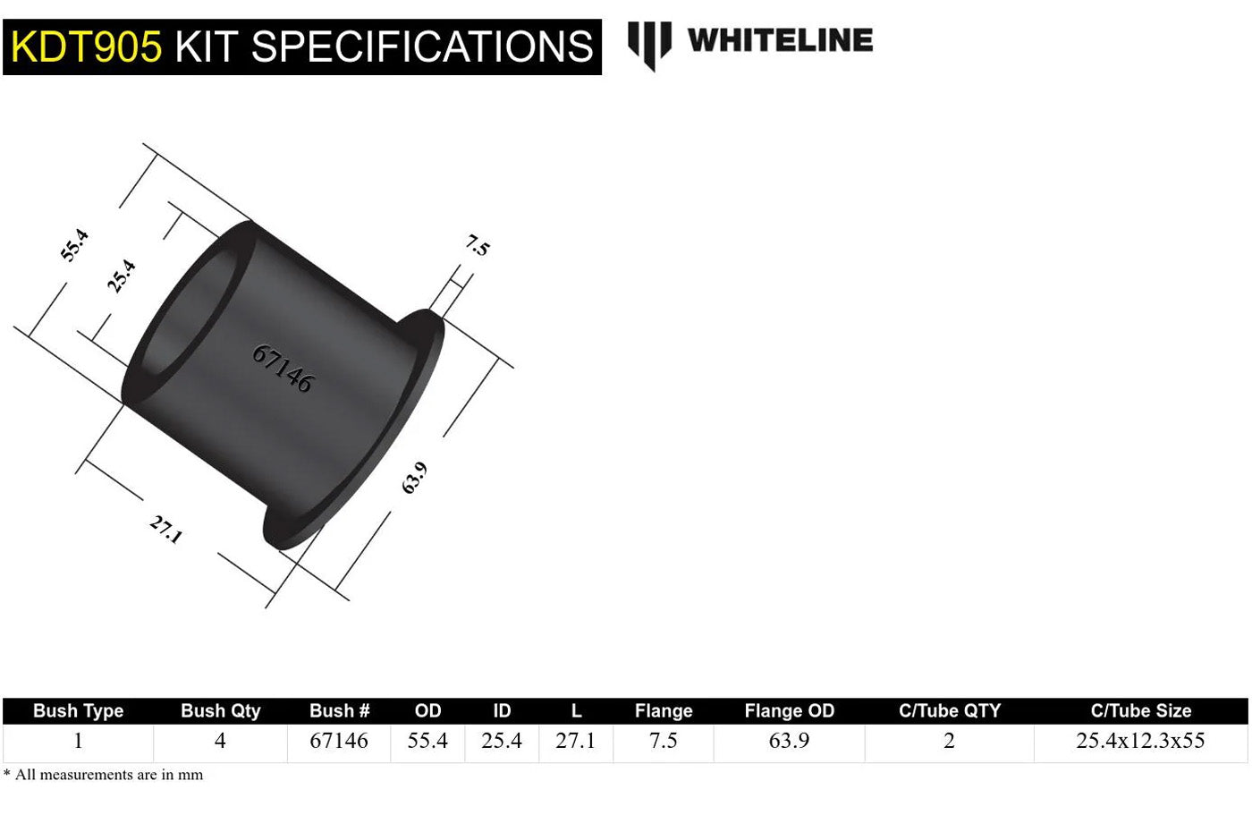 Whiteline Rear Differential Mounting Bushing for 2022+ VB Subaru WRX (KDT905) dimensions