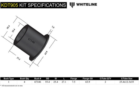 Whiteline Rear Differential Mounting Bushing for 2022+ VB Subaru WRX (KDT905) dimensions