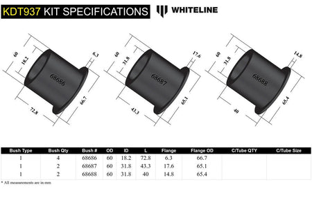 Whiteline Rear Subframe Mount Bushings for 2022+ VB Subaru WRX (KDT937) bushing diamaters